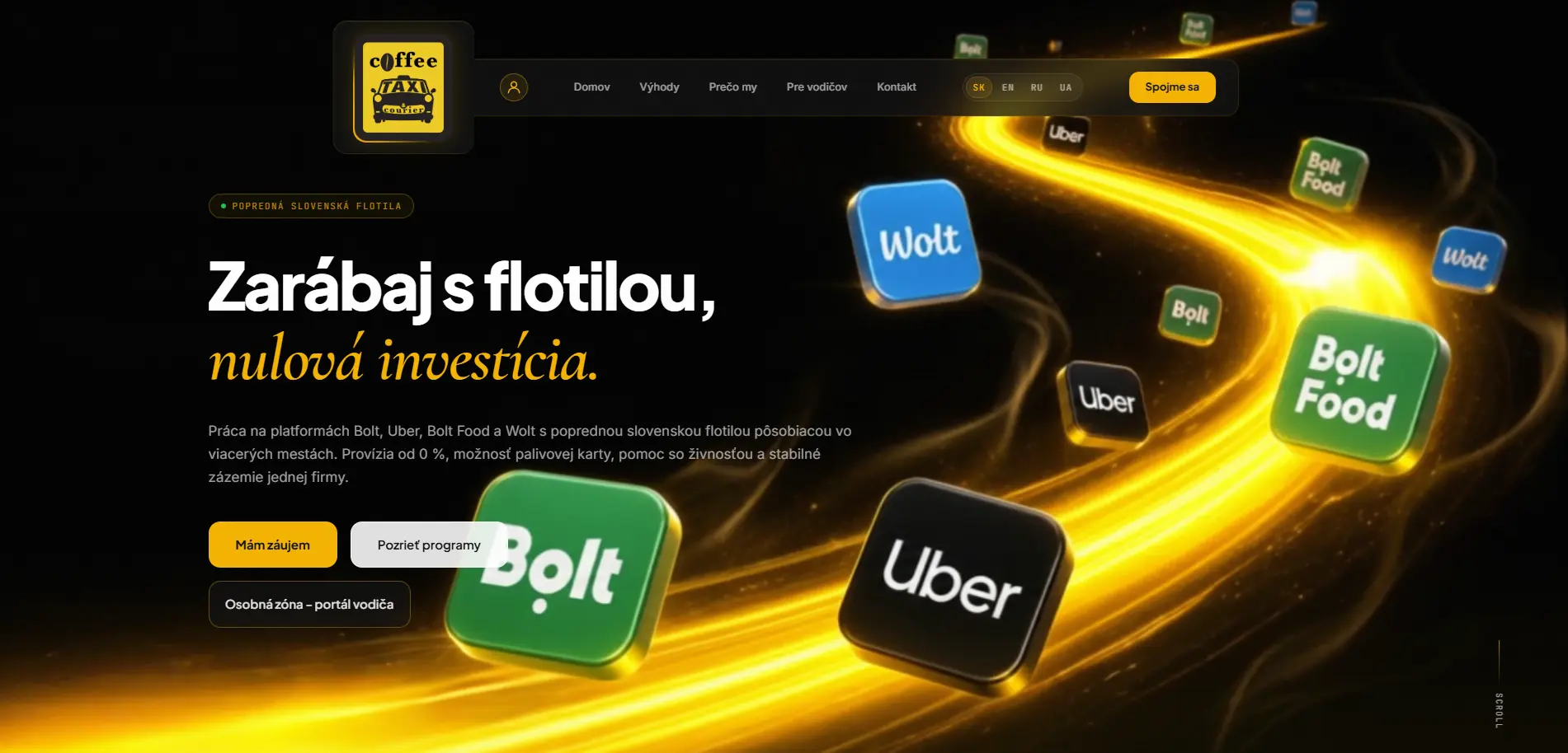 Coffee Taxi – úvodná stránka webu